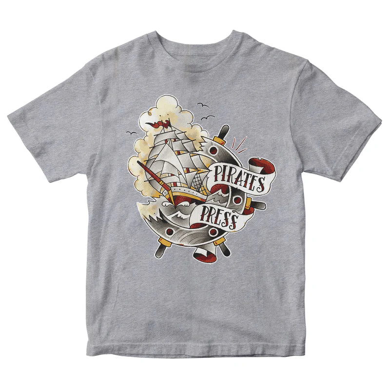 Pirates Press - Full Color Tattoo Ship - Grey - Fitted T-Shirt