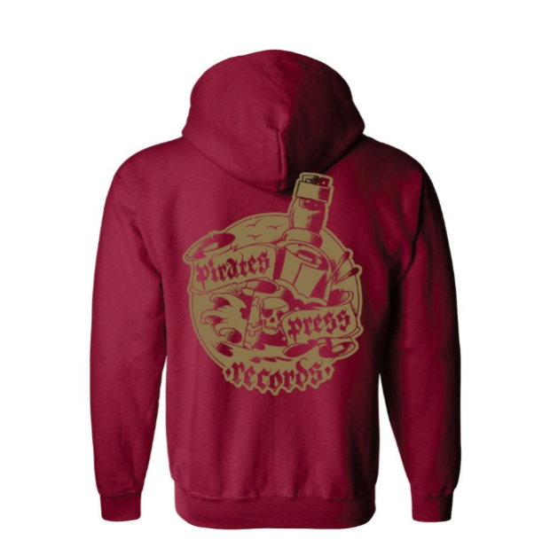 Pirates Press Records - Pirate Flag Logo / Bottle Logo - Gold on Red - Zip-Up Hoodie
