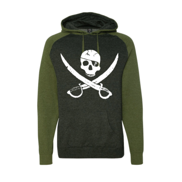 Pirates Press Records - Pirate Logo - White on Charcoal Heather / Army Heather - Pullover Hoodie