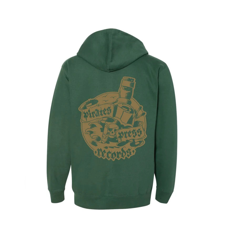 Pirates Press Records - Pirate Flag Logo / Bottle Logo - Gold on Green - Zip-Up Hoodie