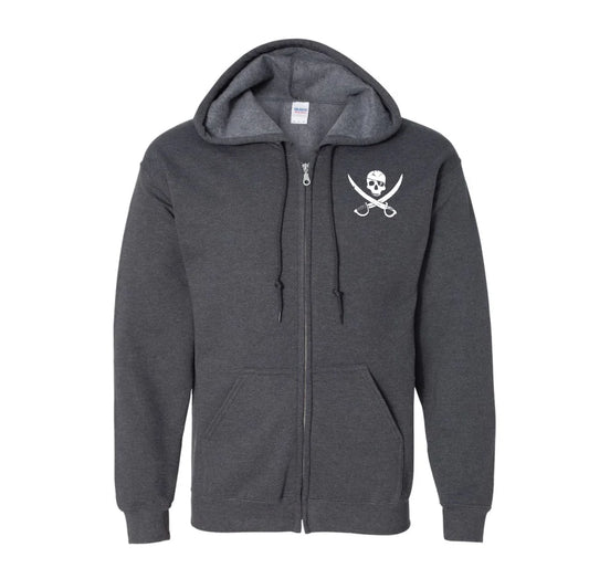 Pirates Press Records - Pirate Flag Logo / Bottle Logo - White on Dark Heather - Zip-Up Hoodie