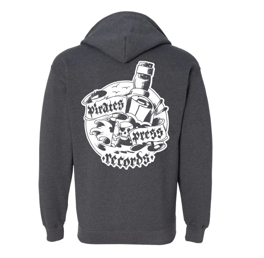 Pirates Press Records - Pirate Flag Logo / Bottle Logo - White on Dark Heather - Zip-Up Hoodie