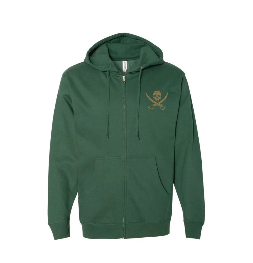 Pirates Press Records - Pirate Flag Logo / Bottle Logo - Gold on Green - Zip-Up Hoodie