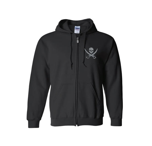 Pirates Press Records - Pirate Flag Logo / Bottle Logo - Silver on Black - Zip-Up Hoodie