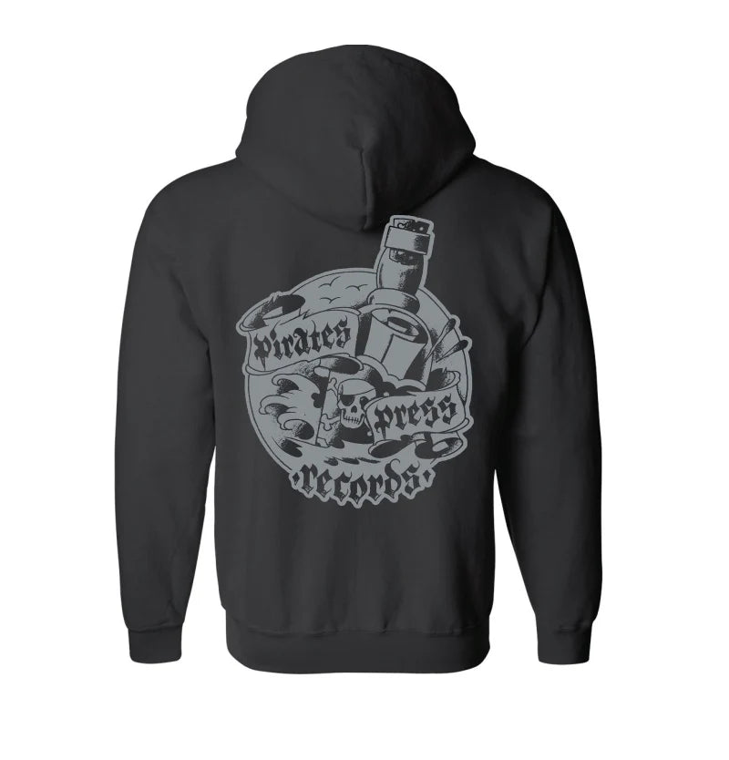 Pirates Press Records - Pirate Flag Logo / Bottle Logo - Silver on Black - Zip-Up Hoodie