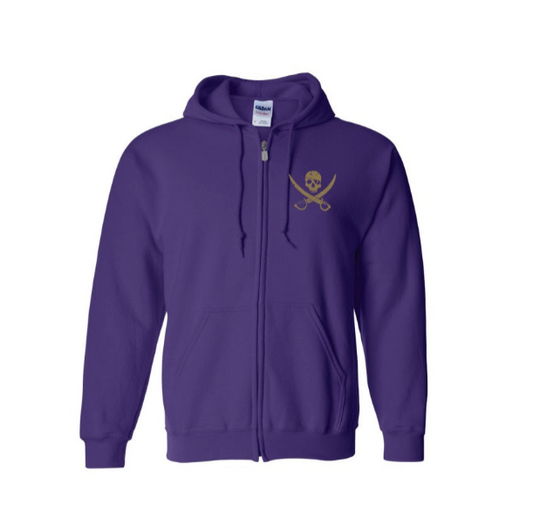 Pirates Press Records - Pirate Flag Logo / Bottle Logo - Gold on Purple - Zip-Up Hoodie
