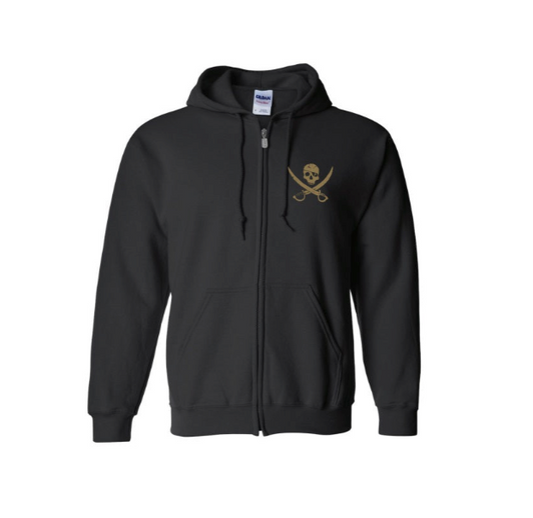 Pirates Press Records - Pirate Flag Logo / Bottle Logo - Gold on Red - Zip-Up Hoodie