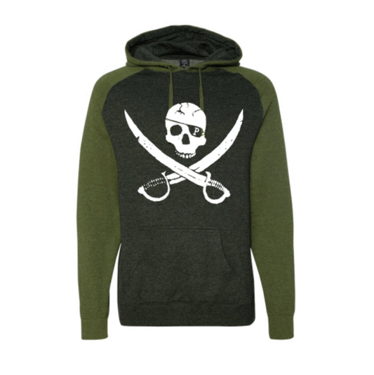 Pirates Press Records - Pirate Logo - White on Charcoal Heather / Army Heather - Pullover Hoodie